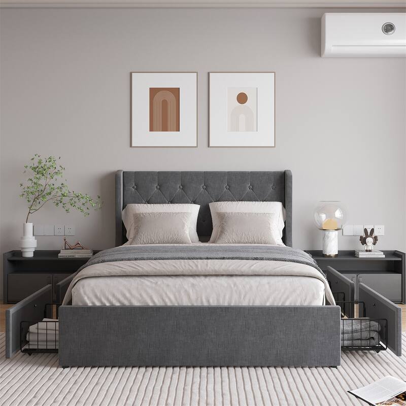 Full/Queen Size Bed Frame with 4 Drawers and Headboard,Button Tufted