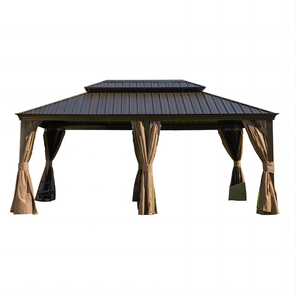 12'x18' Aluminum Hardtop Gazebo with Double Roof, Water Gutter & Zippered Netting for Patio & Backyard
