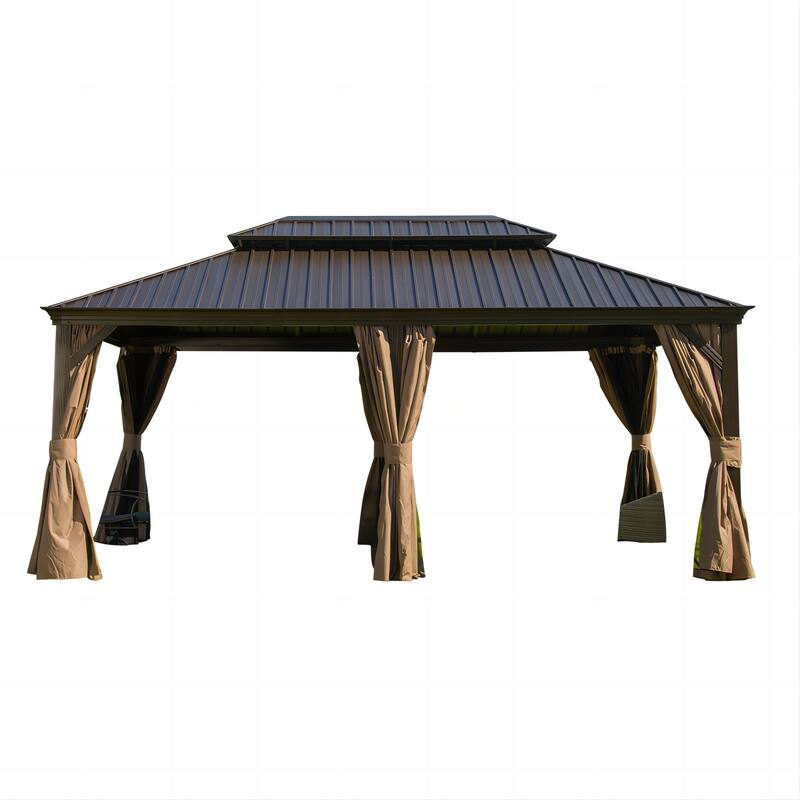 12'x18' Aluminum Hardtop Gazebo with Double Roof, Water Gutter & Zippered Netting for Patio & Backyard - Brown