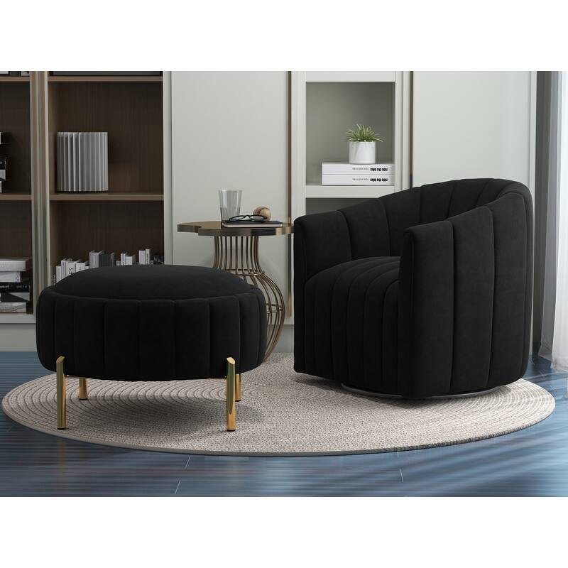 SEYNAR Contemporary Tufted Velvet Swivel Club Chair with Ottoman Set - Black