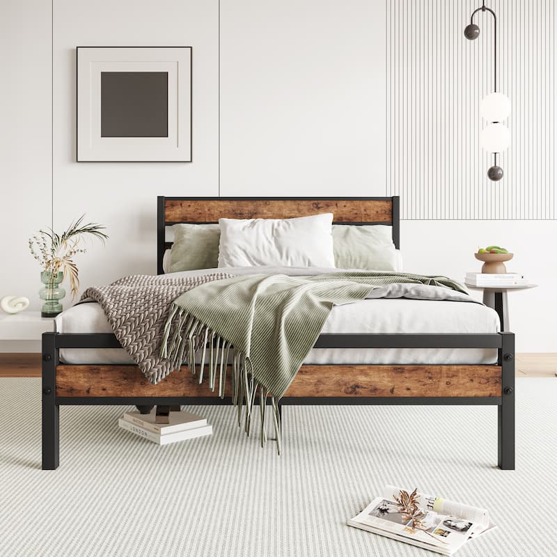 Platform Bed Frame with Rustic Vintage Wood Headboard - Full