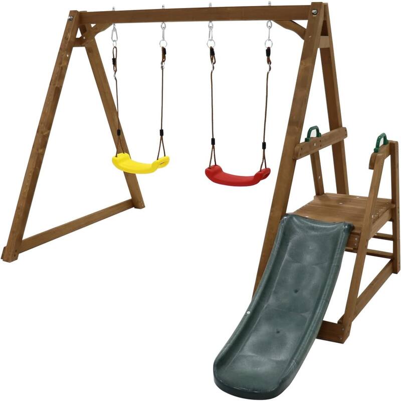 Wood Swing Set w/Slide,Wood Swing Set for Backyard, 2 in 1 Swing Set - Teens