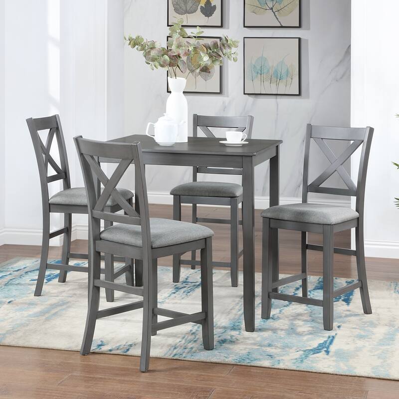 5 Piece Dining Table Set, Wooden Counter Height Kitchen Table Set with 1 Square Table and 4 Upholstered Chairs