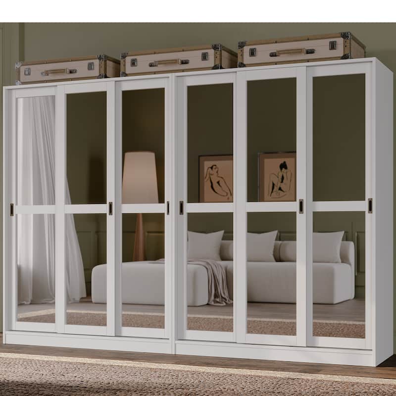 Palace Imports 100% Solid Wood Wall Closet System of Wardrobe Armoires with Mirrored, Louvered or Raised Panel Sliding Doors - 104"-White-Mirrored