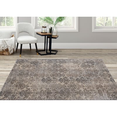 Destiny Collection - Beige/Brown/Grey Damask Rug - 5'3" x 7'7"