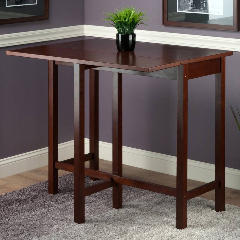 39.25" walnut brown wooden drop leaf high table