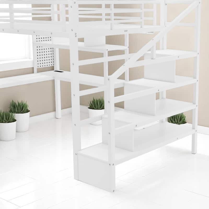 Loft Bed Full Size with LED Light Strip, Charging Outlets, Desk, Pegboard, Wardrobe and Storage Drawers