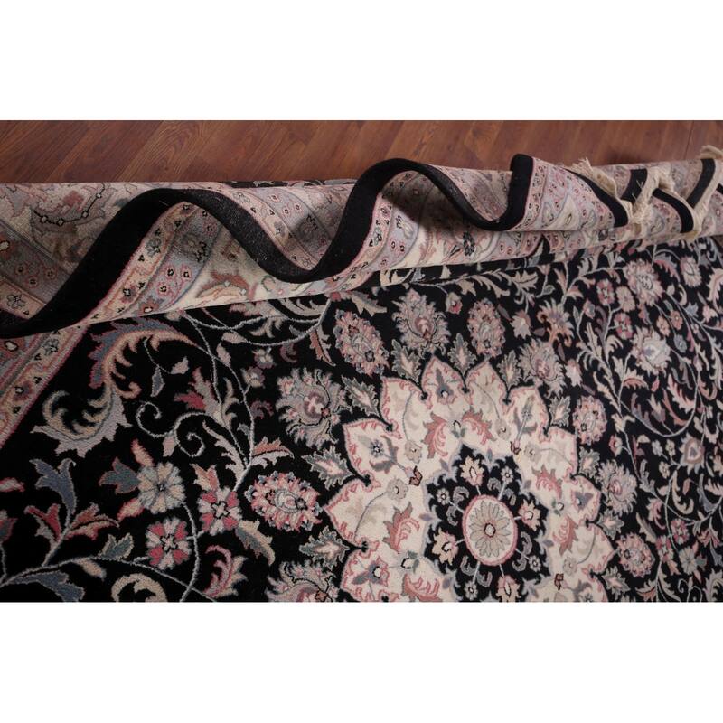 Black Floral Kashan Indian Area Rug Handmade Wool Carpet - 9'2"x 11'10"