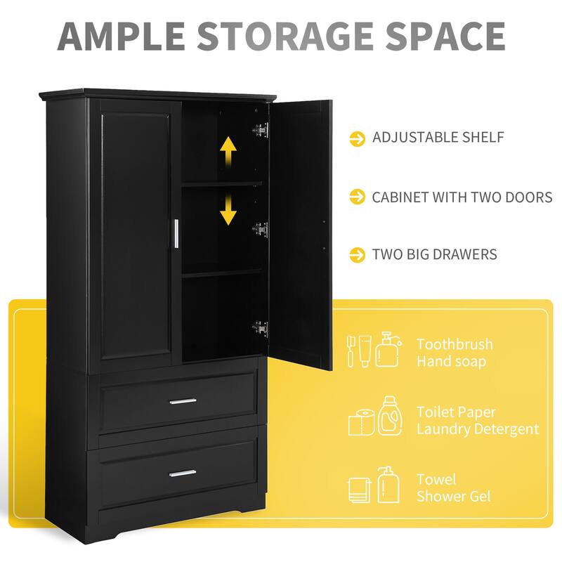 Tall Bathroom Storage Cabinet with 2 Doors, 2 Drawers & Adjustable Shelf