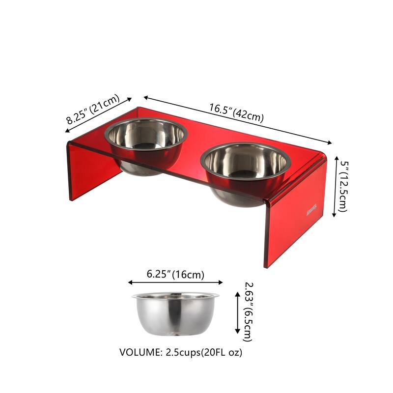 Keaton 5" Small/Medium Modern Lucite Rectangular Elevated Pet Feeder with 20oz 2-Stainless Steel Bowls