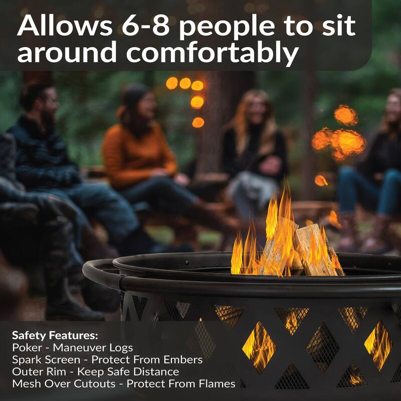 36" Fire Pit Steel with Black Finish Crossweave with Spark Screen