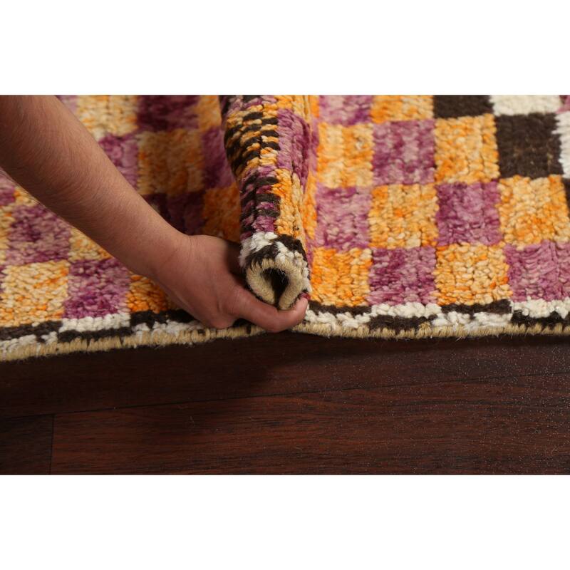 Checkered Modern Moroccan Oriental Runner Rug Hand-knotted Wool Carpet - 2'11" x 12'11"