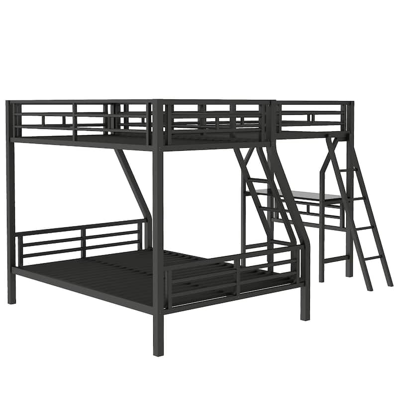 Triple Bunk Bed with Desk, Twin over Full and Loft, Metal Frame, Black