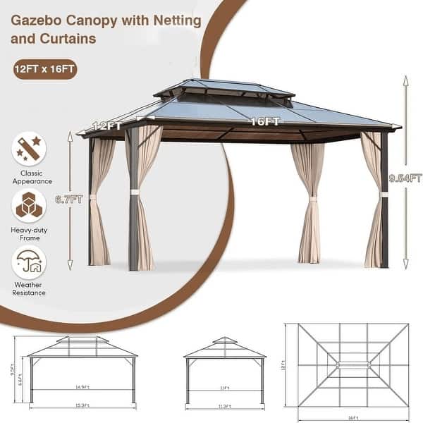 dimension image slide 13 of 16, EROMMY Hardtop Gazebo,Outdoor Pergola with Double Roof & Netting & Curtains,Heavy Duty Canopy for Patio, Backyard, Pool party