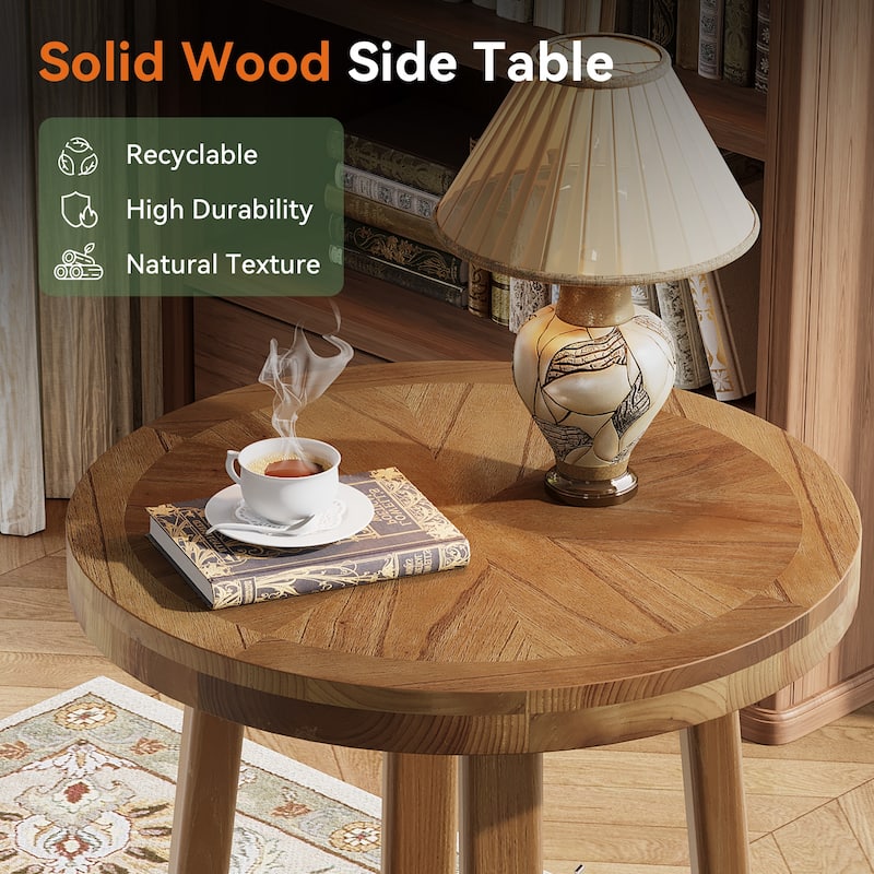 Solid Wood Side Table, Round End Tables with 2-tier Storage - 19.69" D x 19.69" W x 25.98" H