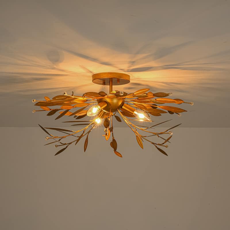 24" W Mid-Century Antiqued Gold Branches Leaf Design Semi-Flush Mount Ceiling Light with Crystal Beads for Living Room & Bedroom