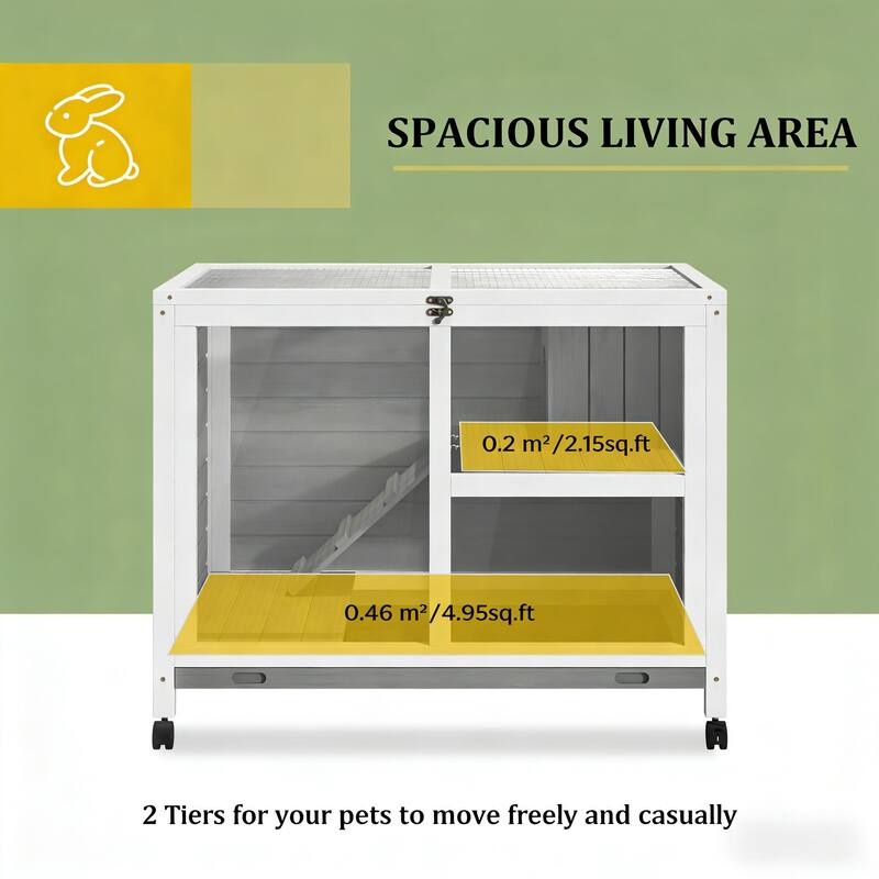 Bunny Cage with Wheels,Small Rabbit Hutch,Spacious Pet House is designed for convenient cleaning - Gray,White