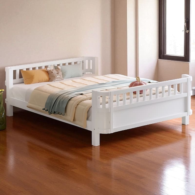Wood Platform Bed with Guardrails & Detachable Fence, Twin/Full/Twin XL/Queen Size Kids Bed, Safety Design, No Box Spring - White - Full