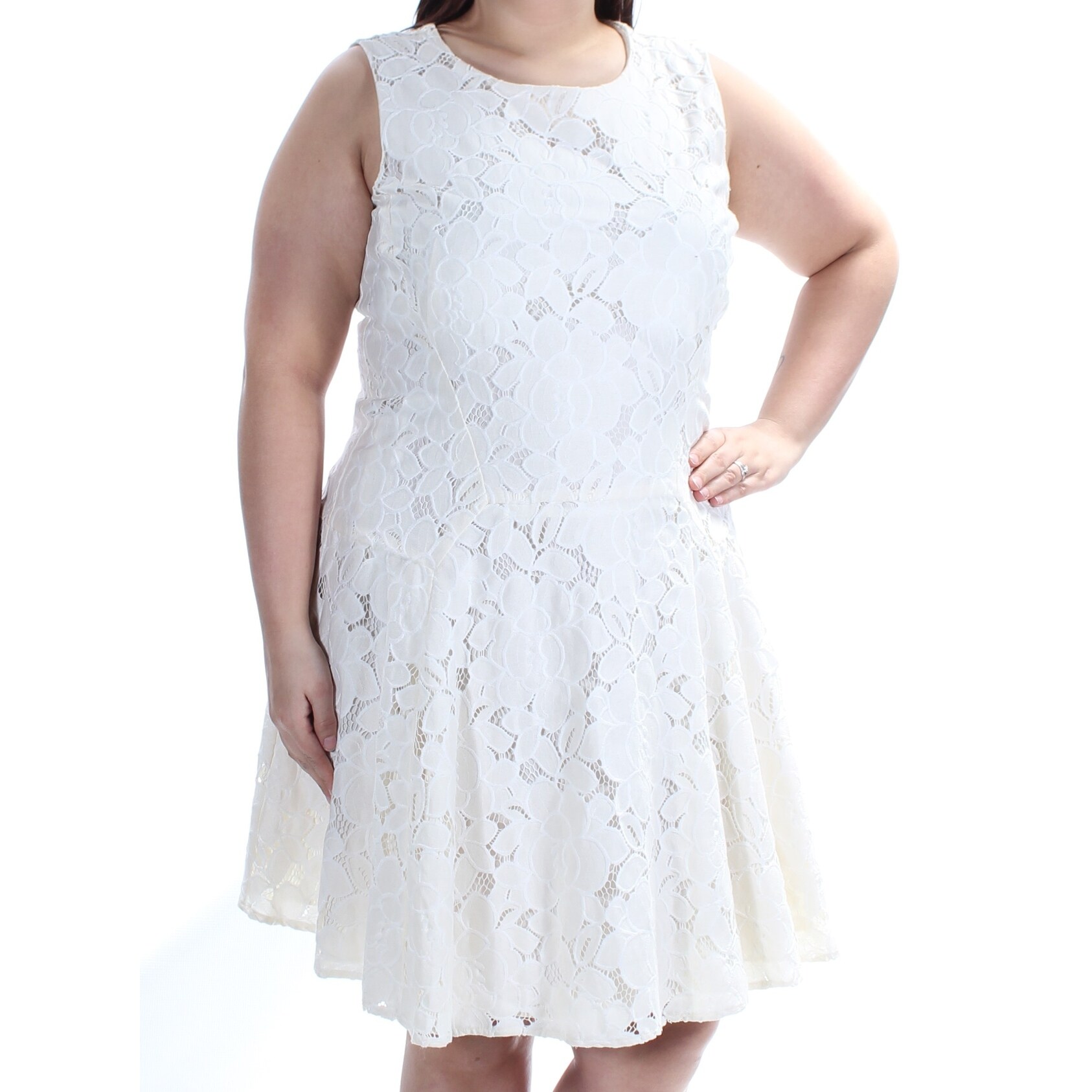 Shop Womens Ivory Sleeveless Knee Length Fit Flare Casual Dress