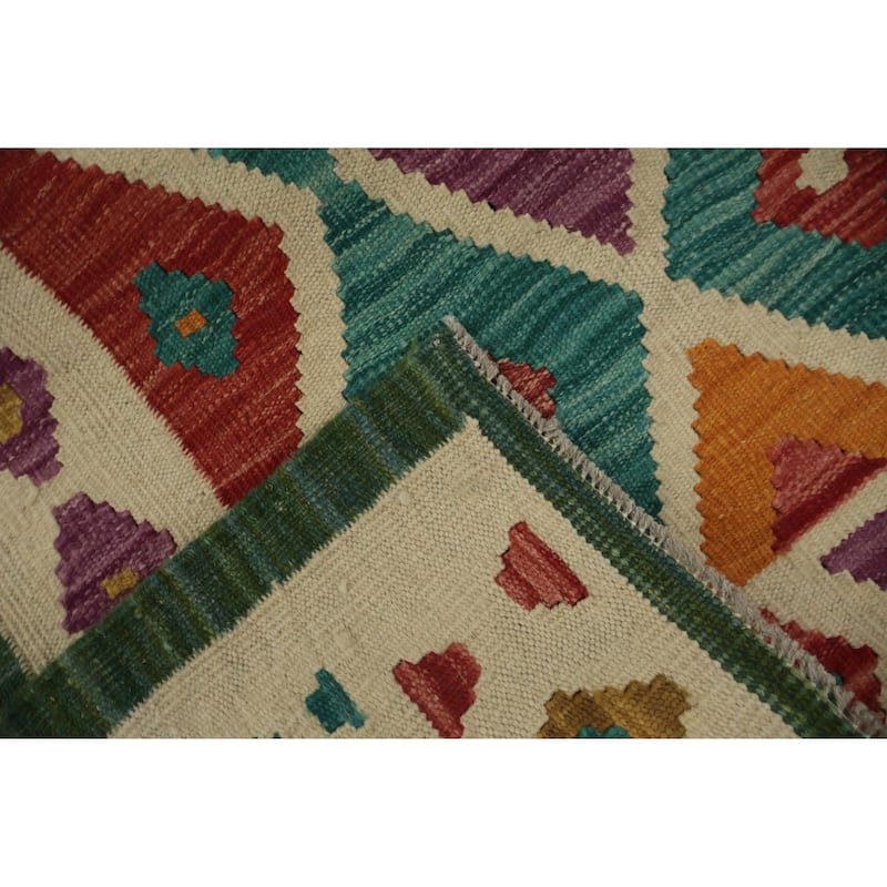 Hand Woven Oriental 100% Wool Carpet Southwestern Modern Green Kilim Runner Rug - 8' 10'' X 2' 7''