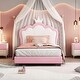 preview thumbnail 10 of 57, Upholstered Platform Bed w/ Crown Headboard, Leather Princess Bed Frame with Wood Slats Support for Kids Teens White Pink - Twin