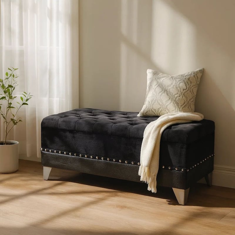 Leatherette Storage Bench with Nailhead Trims and Button Tufted Seat, Black