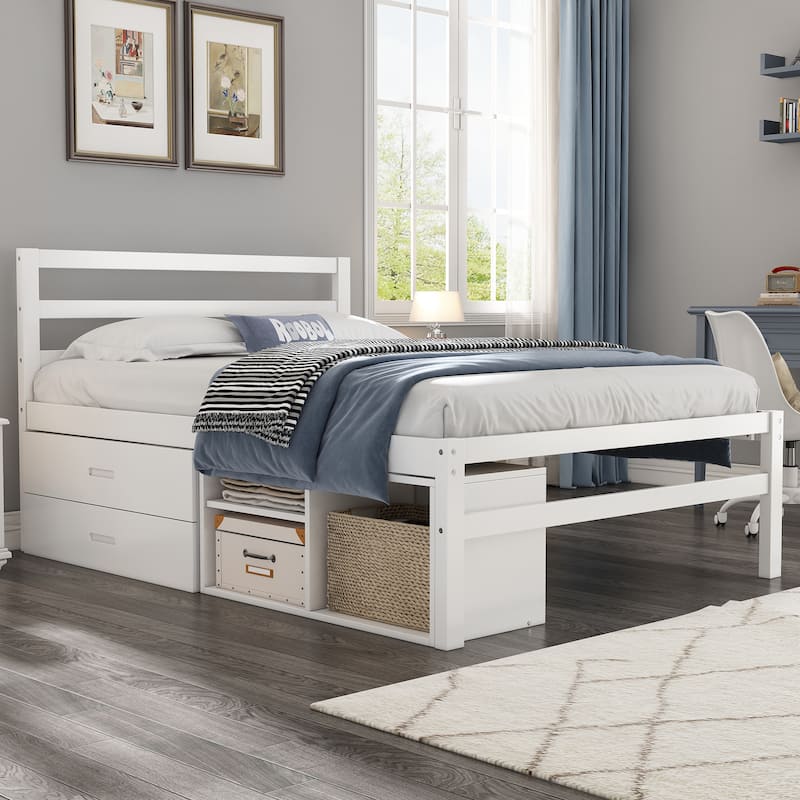 Wood Platform Bed with Removable Storage Shelves and Two Drawers