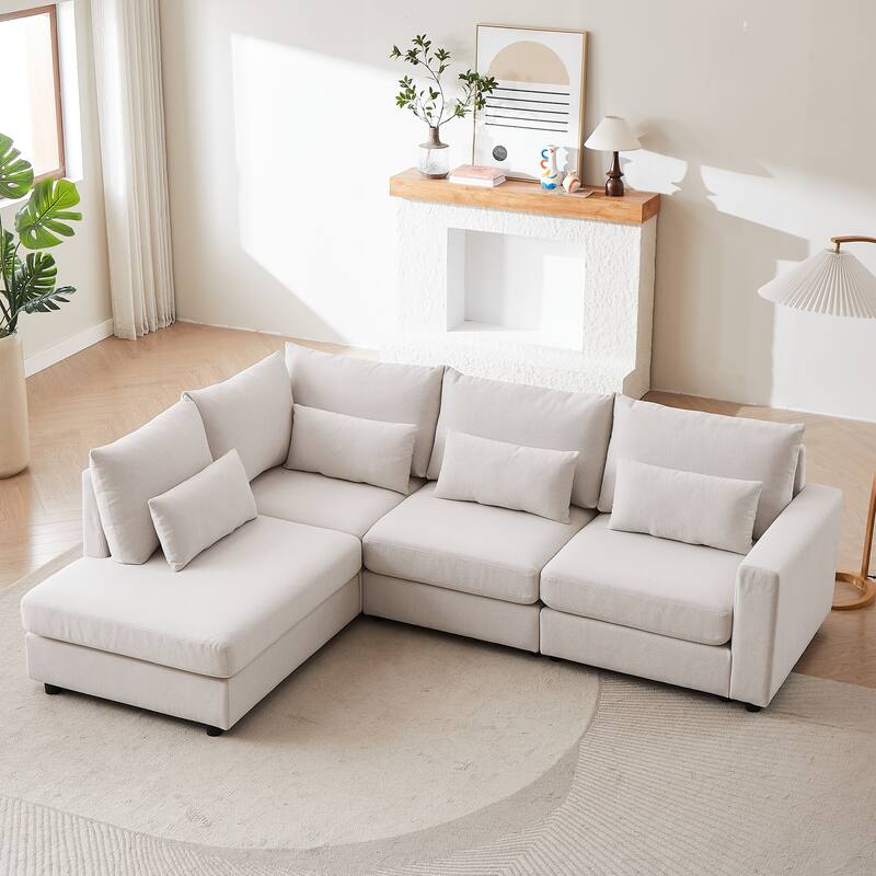 100.2" Linen L-Shaped Sectional Sofa with Ottoman & Lumbar Pillows