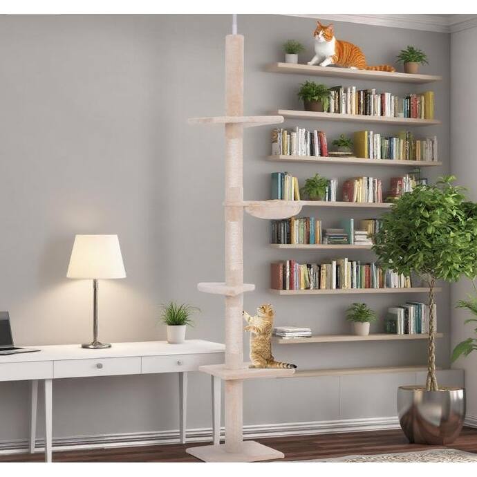 Adjustable Height Floor-to-Ceiling Vertical Cat TreeCat Climbing Tower - Beige