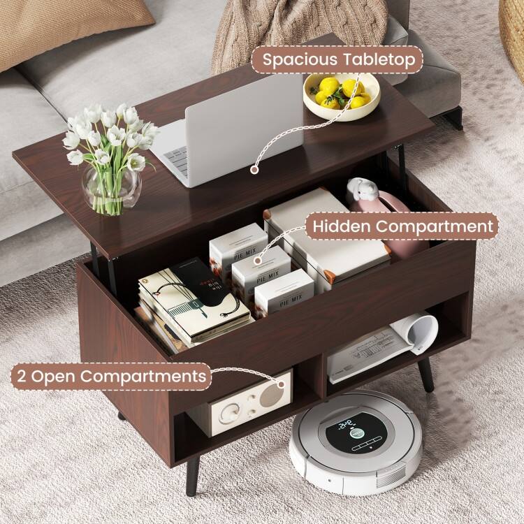 31.5 Inch Lift Top Coffee Table with Hidden Compartment and 2 Storage Shelves - 31.5" x 15.5" x 17.5" (L x W x H)