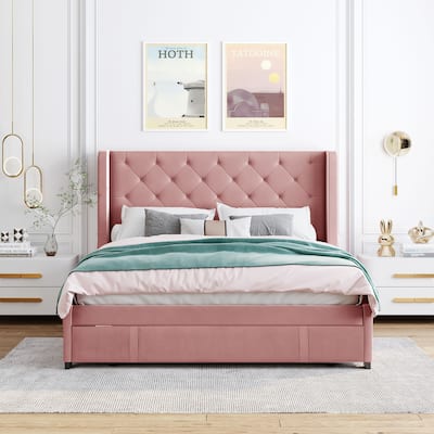 Queen Size Storage Bed Velvet Upholstered Platform Bed with Wingback Headboard and Large Drawer