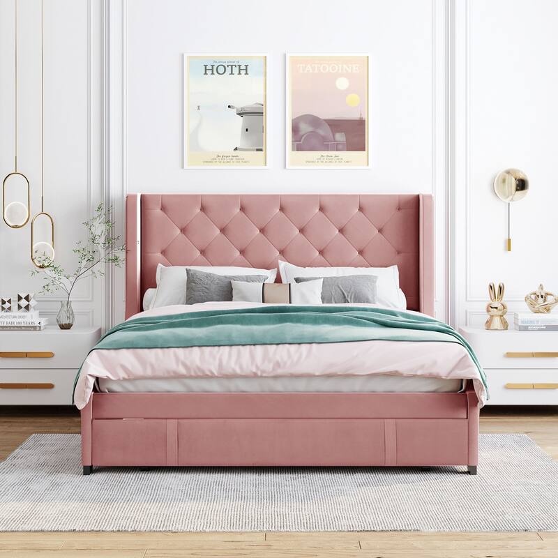 Velvet Upholstered Bed Platform Bed Frame Queen Size Wingback Bed with Tufted Headboard and Large Storage Drawer