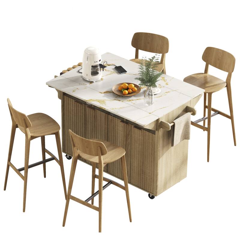 55.5" Fluted Kitchen Island with 2 Drop Leaf, Kitchen Storage Cart with Power Outlet, 4 Doors, Spice rack, Rolling Island Table