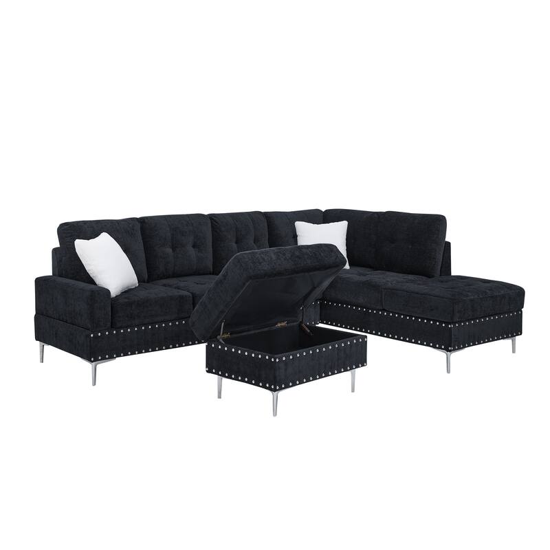Chenille L-Shaped Sectional Sofa with Chaise & Storage Ottoman, Corner Sofa with 2 Pillows, Metal Legs & Copper Nails