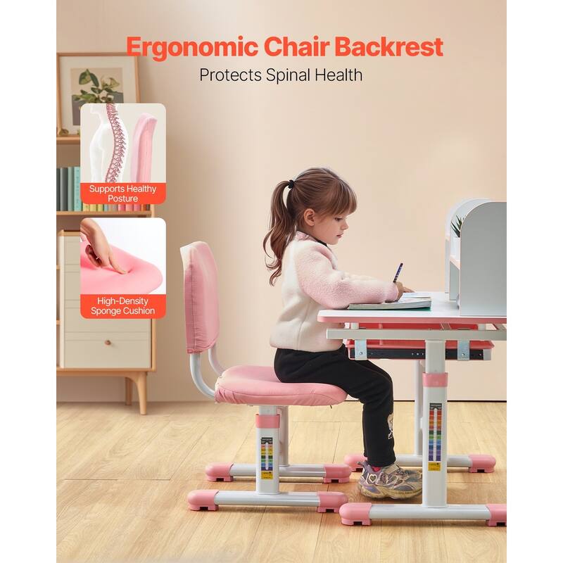 Pink Height Adjustable Kids Study Chair and Desk with Bookshelf and Drawer - 27.56 x 19.69 x (20.87 - 27.95) in