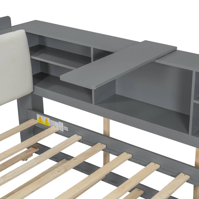 Wooden Storage Daybed Frame, Modern Platform Bed with Trundle & Upholstered Headboard & Shelves, No Box Spring Needed