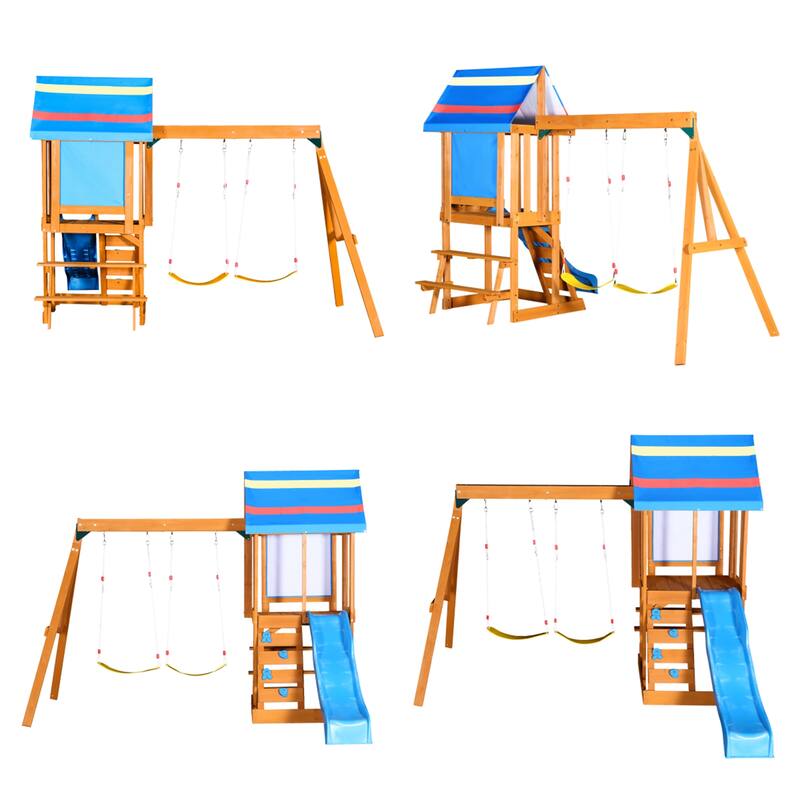 Outdoor 3 in 1 Wood Swing Set with Slide, 2 Swings and Climber