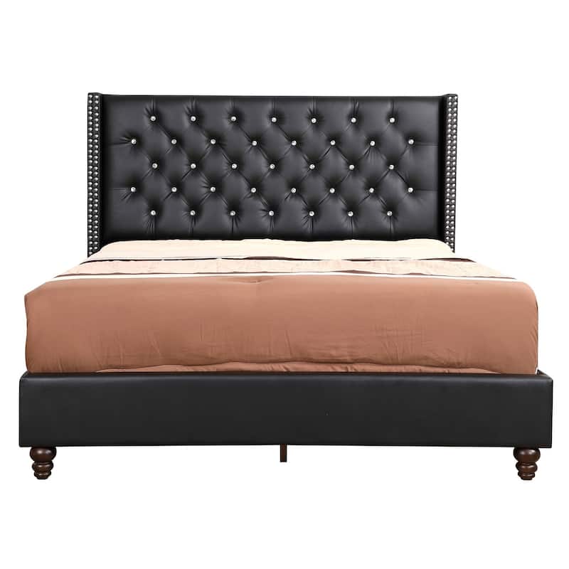 Queen Nailhead and Faux Jewel Tufted Upholstered Panel Bed - 86" - Black