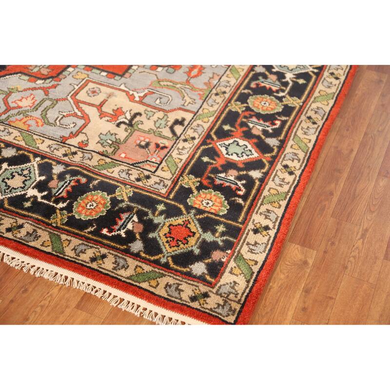 Geometric Heriz Serapi Indian Area Rug Hand-Knotted Wool Carpet - 8'11" x 12'1"