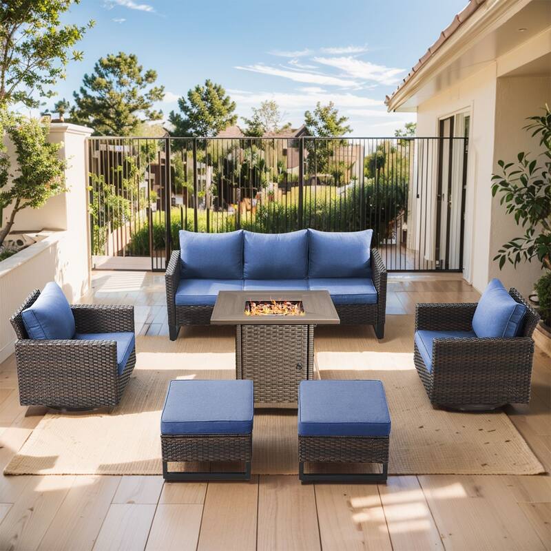 Outdoor Pocassy Sofa Chairs Set with Fire Table - Brown Wicker Grey Cushion - 6 Pieces