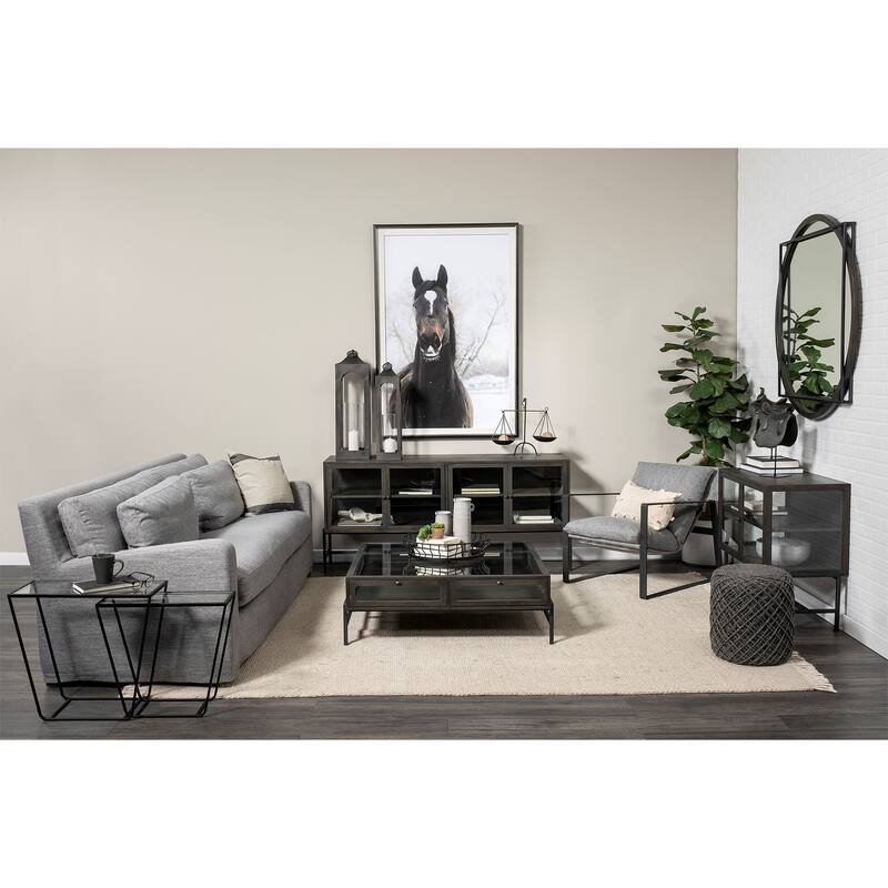 Arelius Light Brown Solid Wood w/ Black Iron Frame & 2 Glass Doors Accent Cabinet - 36.0L x 18.0W x 32.0H