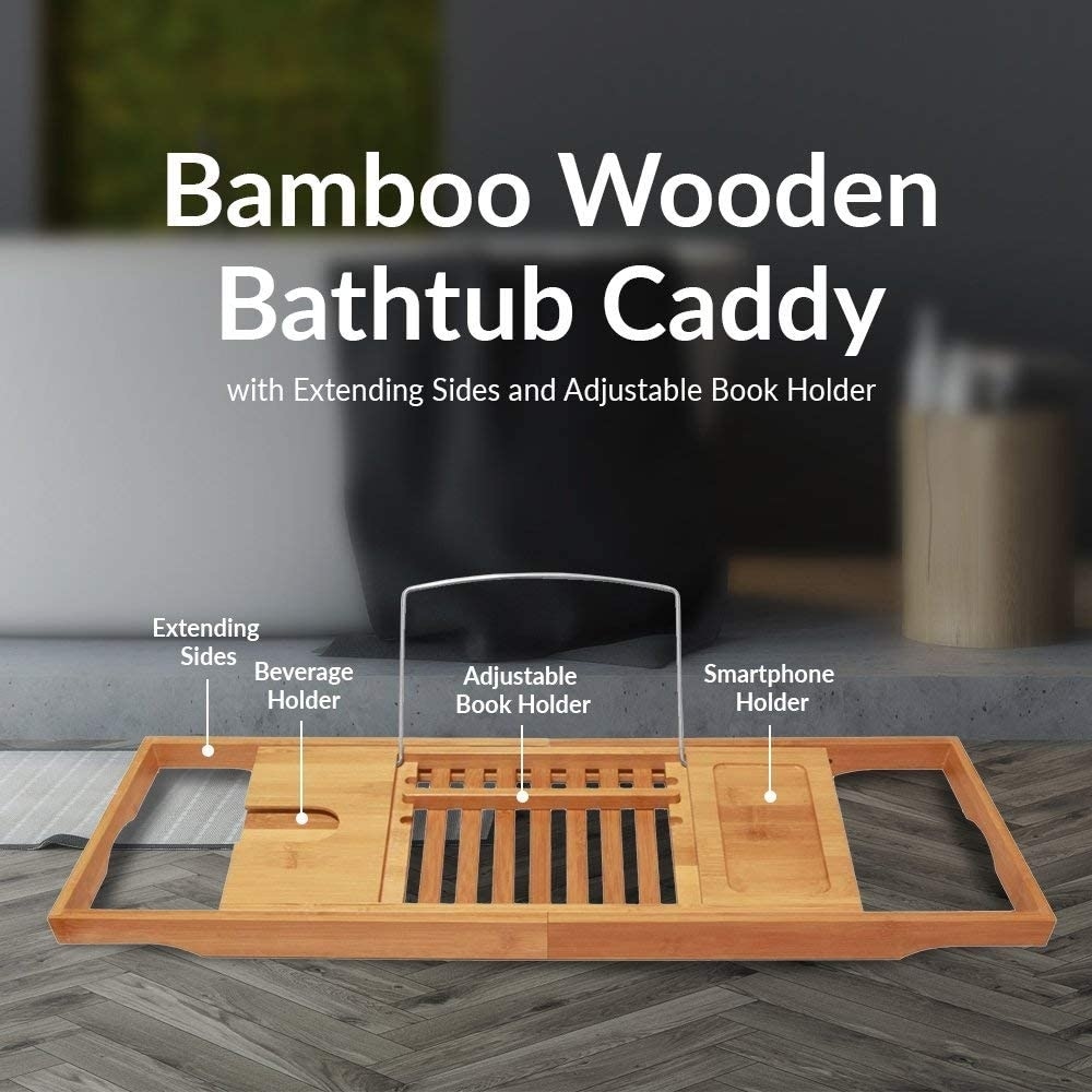 Simhoo Wide Bamboo Bath Caddy Tray Wooden Bathtub Adjustable Holder &  Organizer