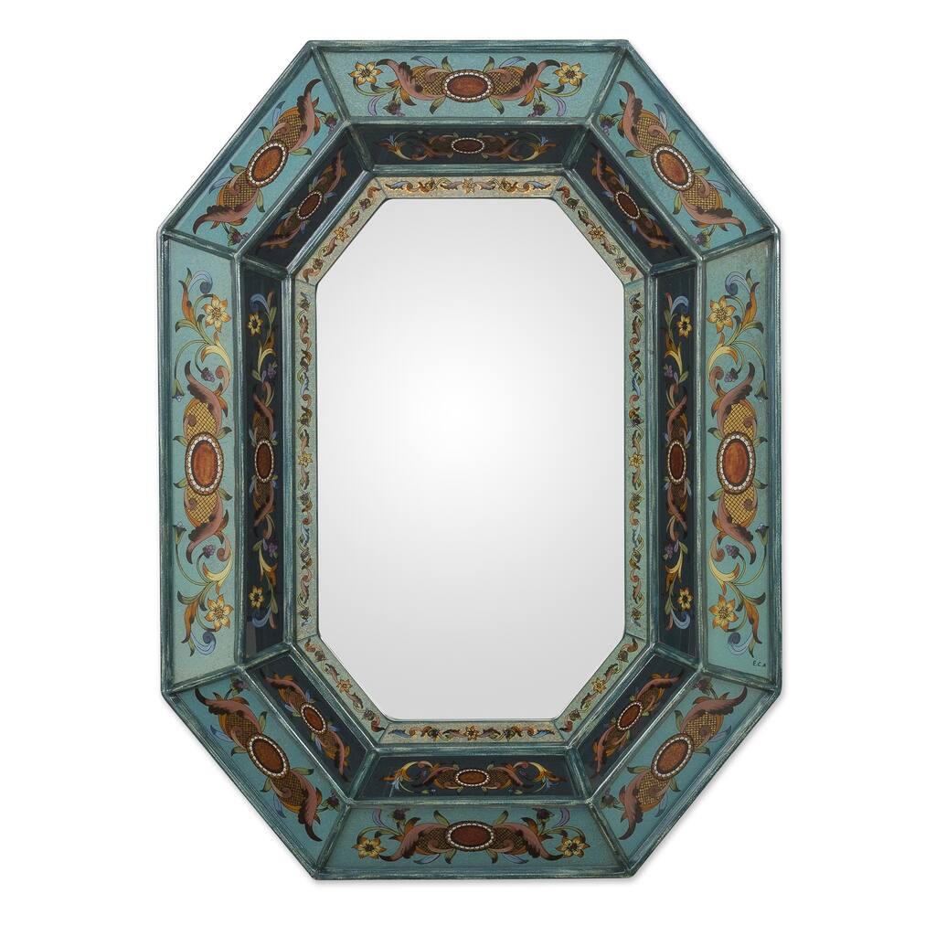 Nautical Blue Artisan Decor Reverse Painted Glass Red Hued Floral Hallway Bedroom Bathroom