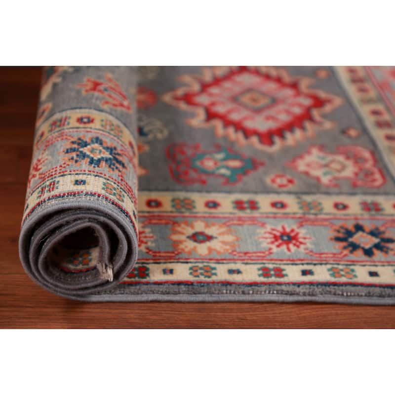 Geometric Gray Kazak Foyer Rug Hand-Knotted Wool Carpet - 2'7"x 4'1"
