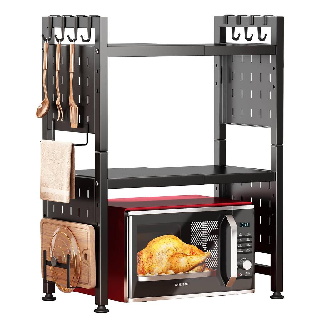 Adjustable Microwave Stand,Microwave Oven Rack Shelf Heavy Duty 3-Tier Shelf with 9 Hooks
