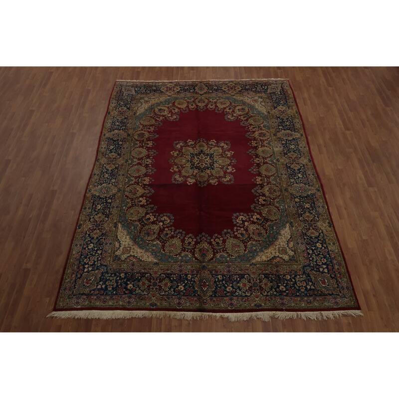 Hand Knotted Oriental 100% Wool Carpet Traditional Floral Red Kerman Area Rug - 12' 0'' X 8' 7''