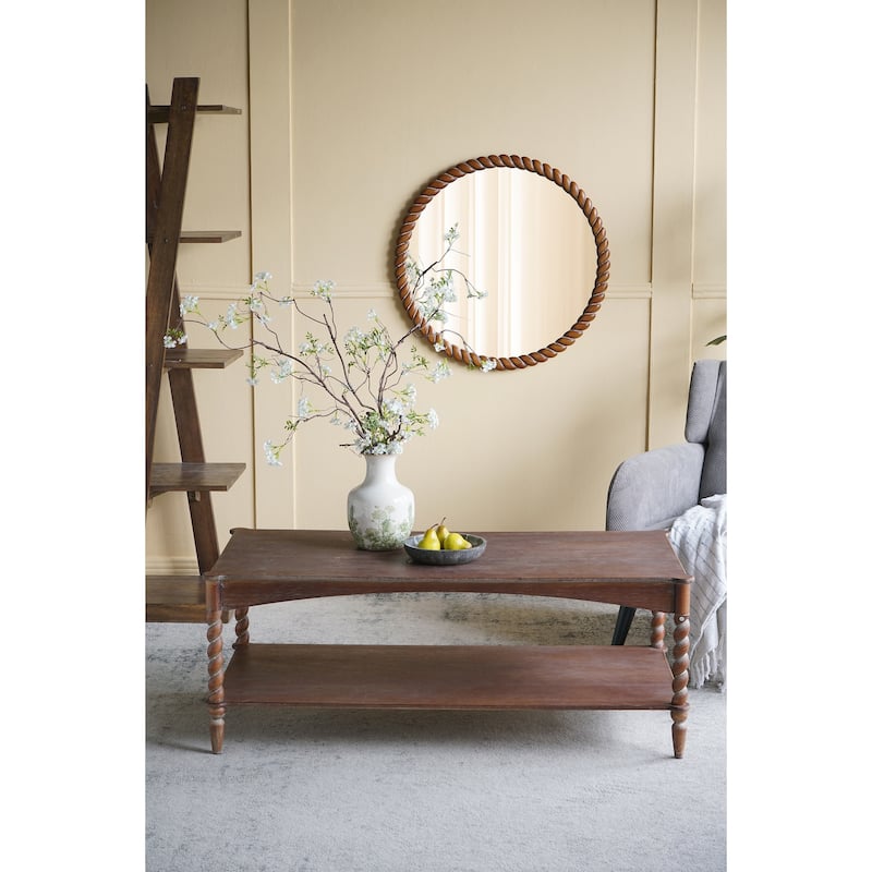 28.3x28.3" Round Wall Mirror with Pine Wood Frame - Brown