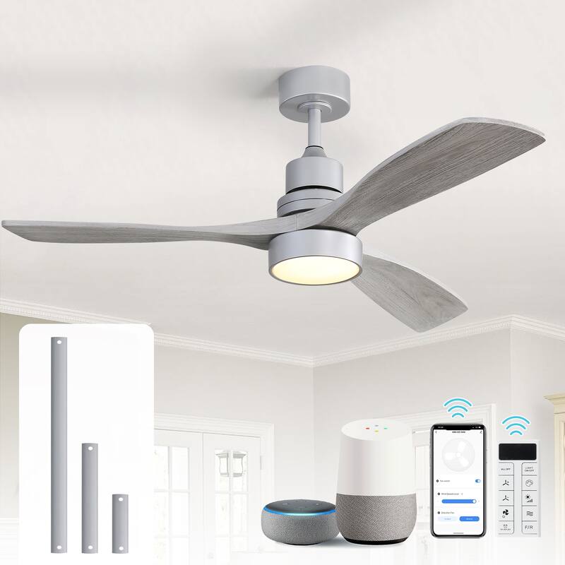 Sofucor 52 Inch Ceiling Fan with Light and Remote,Smart Optional,Quiet DC Motor for Bedroom Living Room Farmhouse Patio Porch - Smart(Remote+APP+Voice Control) - Silver with Gray Solid wood Blades