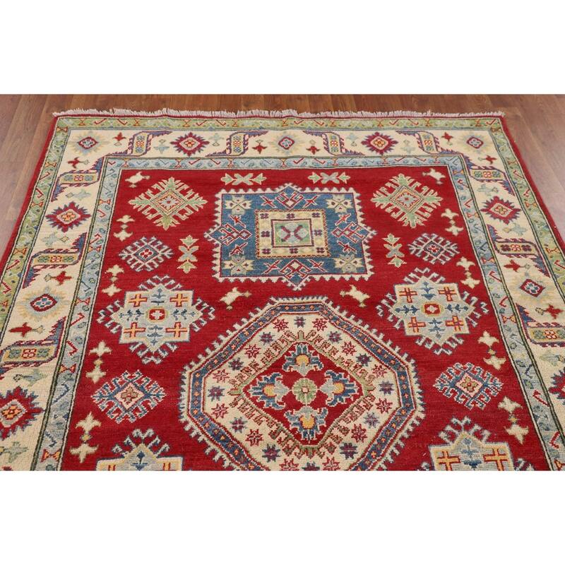 Red Kazak Oriental Area Rug Handmade Geometric Wool Carpet - 5'1" x 6'9"