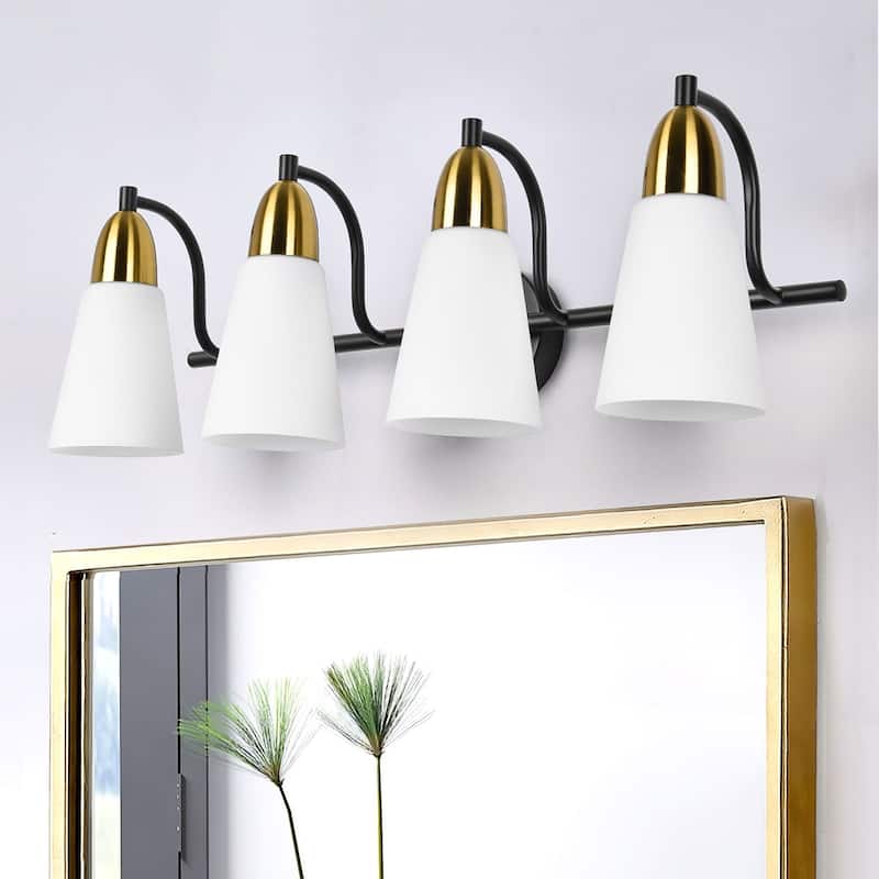 Modern Black Bathroom Vanity Light with Frosted Glass Shades & Gold Accent, Minimalist Wall Sconces - 4-Lights
